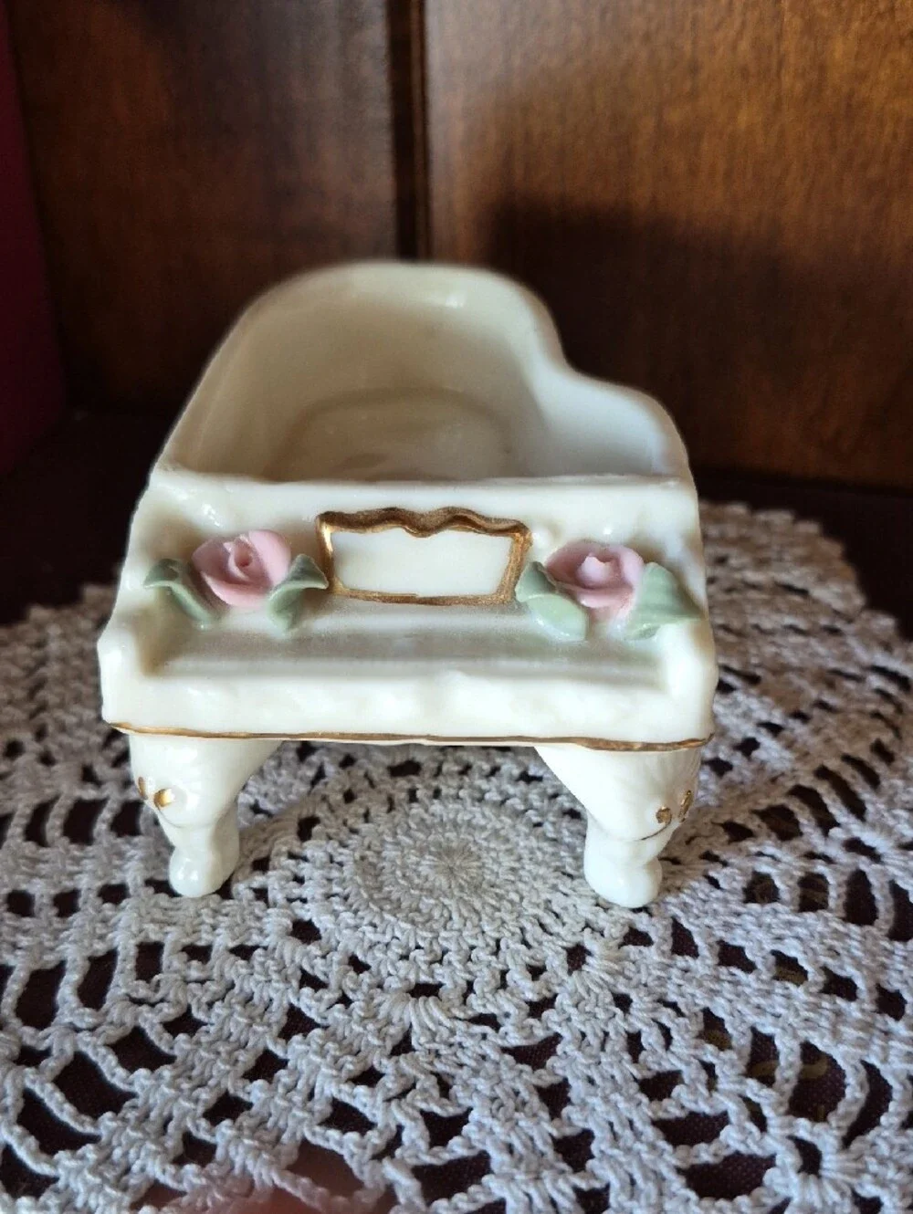 Porcelain Cream Miniature Piano Trinket Dish with Pink Rose Accents